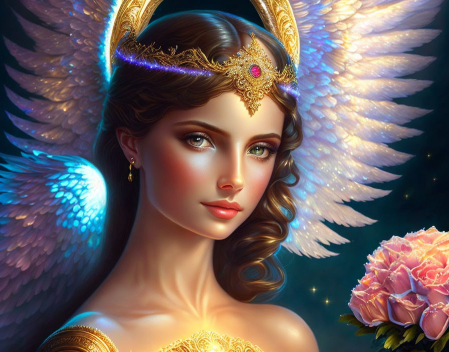 Illustrated woman with angel wings, tiara, necklace, pink roses, soft glow