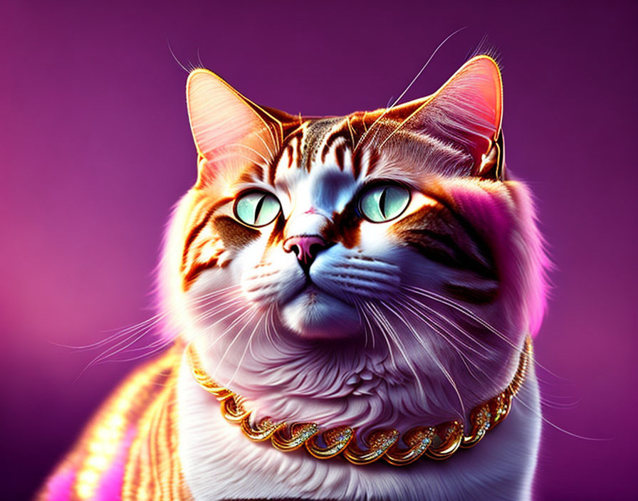 Majestic cat with turquoise eyes and gold collar on vibrant purple background