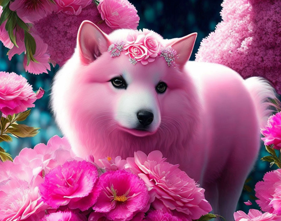 Pink fantasy-style dog with floral headpiece in lush floral backdrop