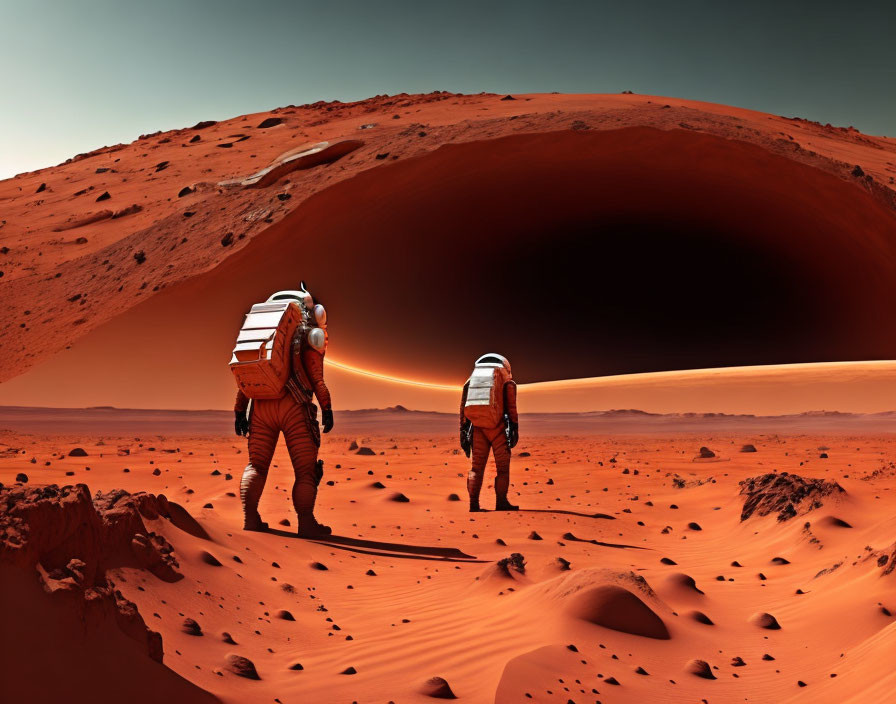 Astronauts in spacesuits on red Martian landscape with cave formation