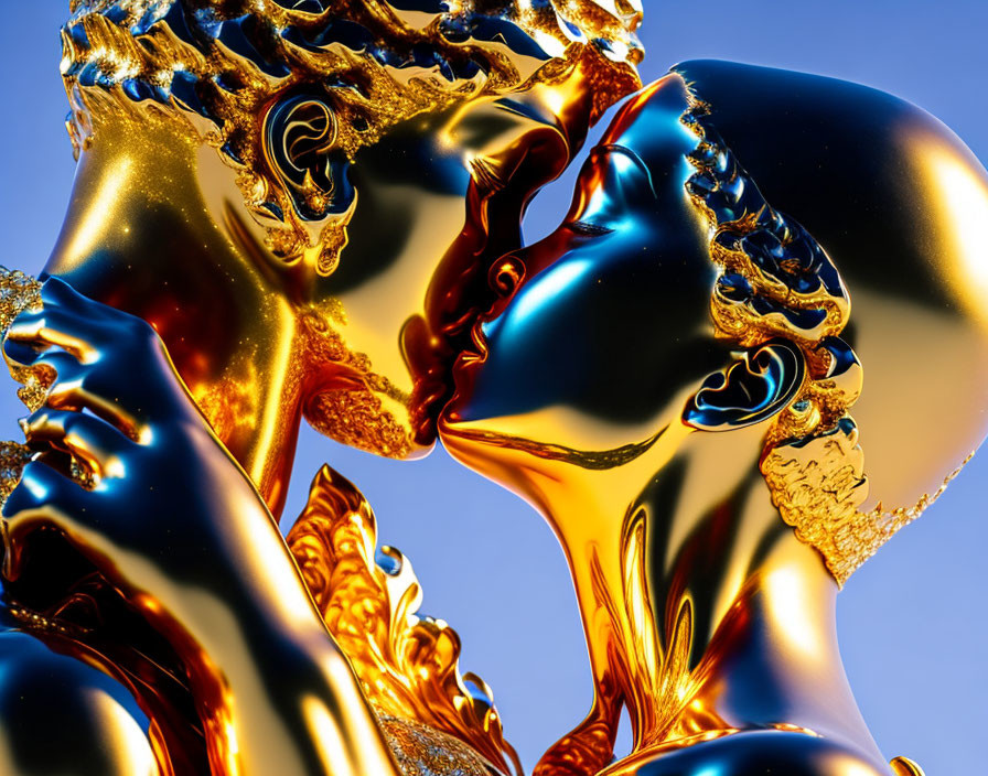 Golden textured humanoid figures embrace on blue background