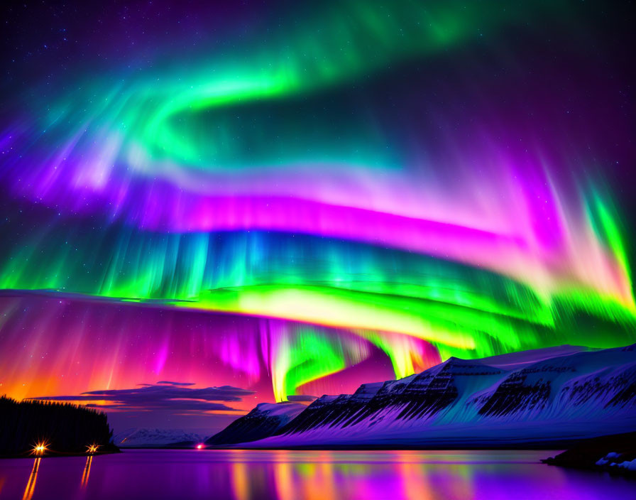 Colorful Aurora Borealis Over Snowy Mountain Landscape