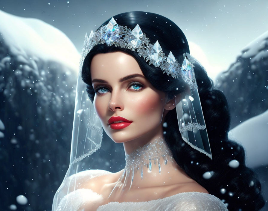 Woman with crystal crown, dark hair, blue eyes, white gown in snowy scene