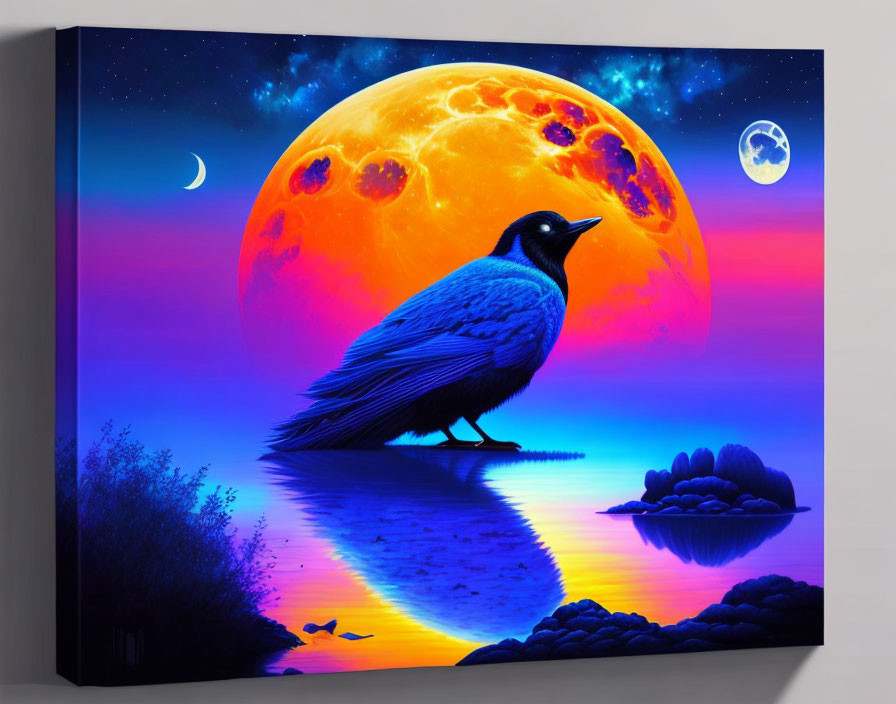 Surreal canvas print with black bird, colorful sunset, dual moons, and silhouetted