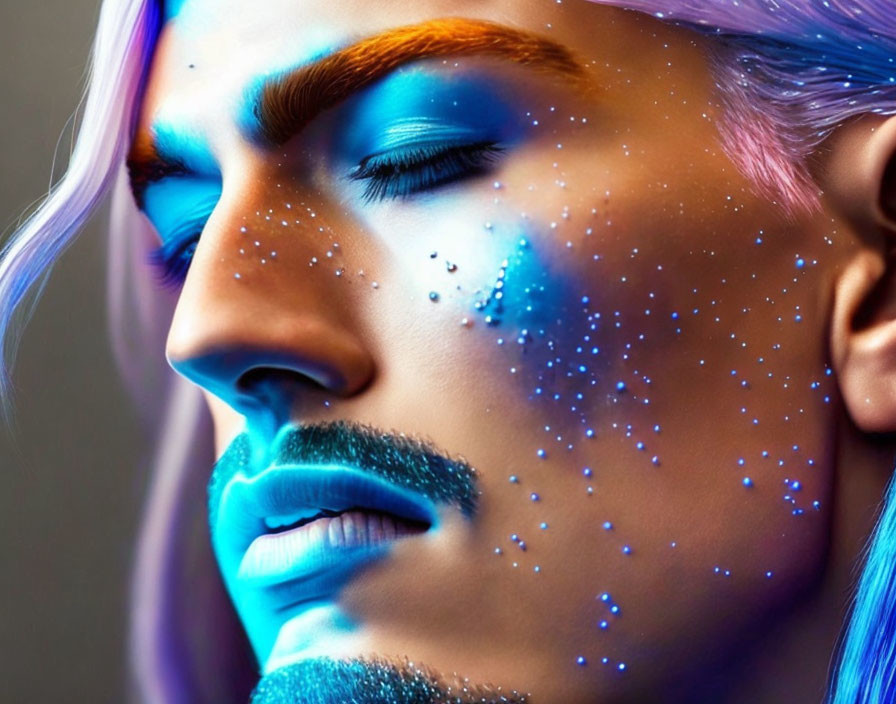 Detailed Portrait: Vibrant Blue Makeup, Glitter Accents, Ombré Hair