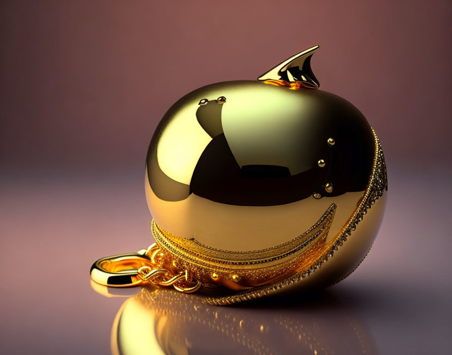 Glossy Spherical Object with Black and Gold Design on Reflective Surface