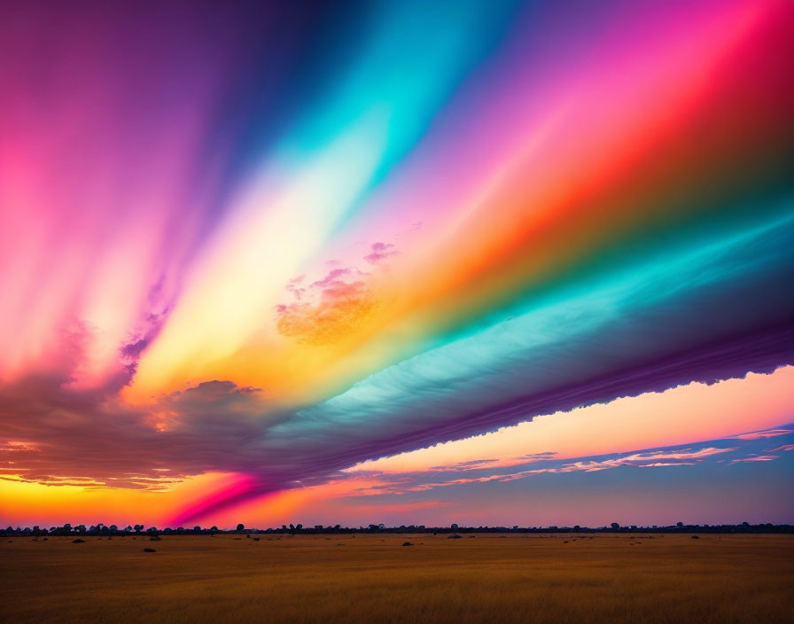 Scenic sunset with rainbow-colored rays over flat grassland