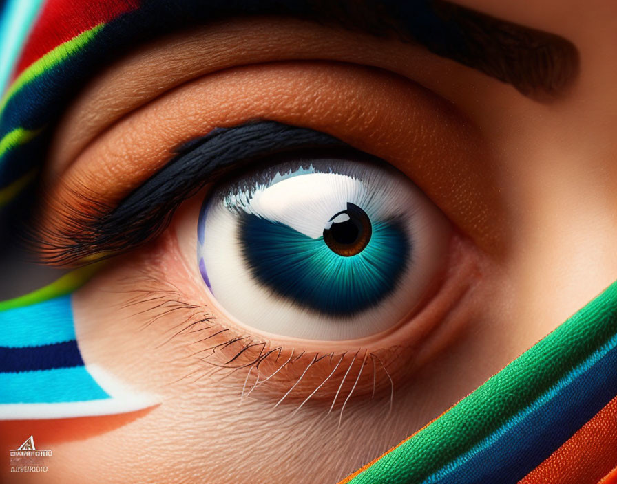 Vividly made-up eye with blue iris and colorful geometric patterns