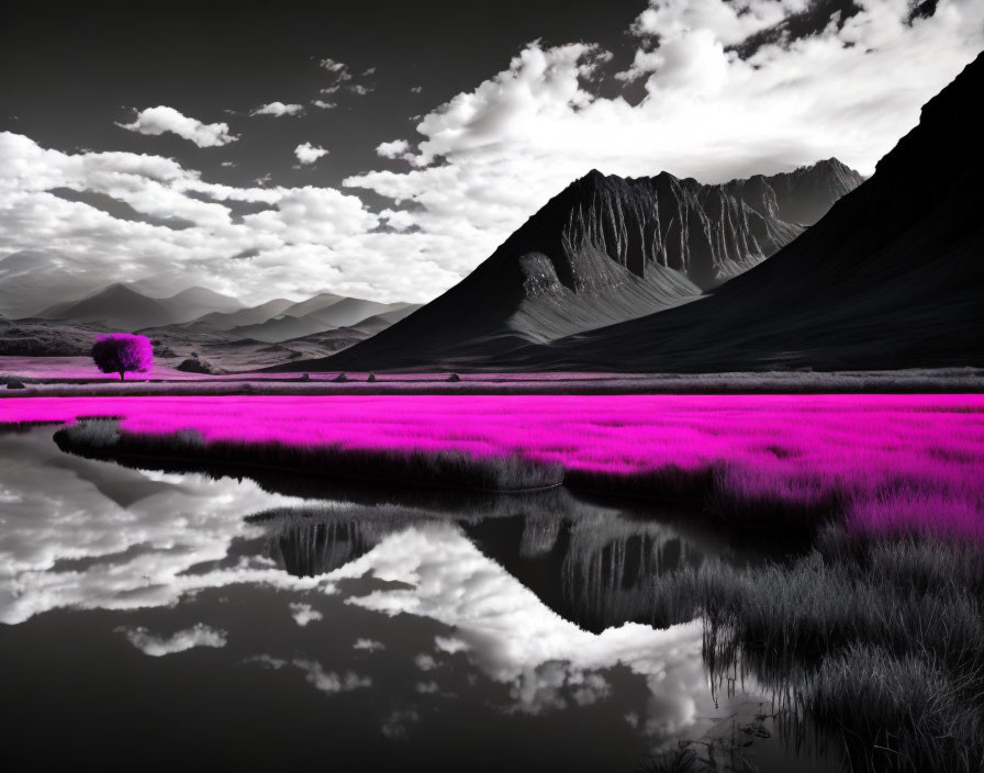 Vibrant pink grass, reflective river, dark mountains in surreal landscape