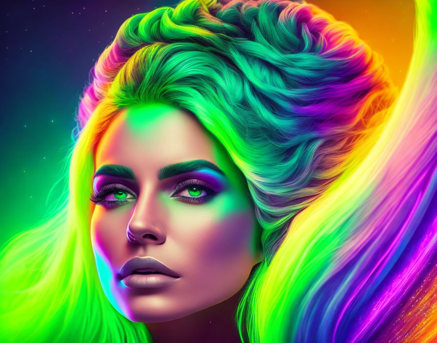 Colorful portrait of a woman with rainbow hair and green eyes on gradient backdrop