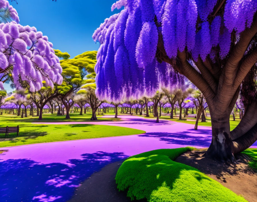 Park scene with vibrant purple flowers, trees, grass, and blue sky