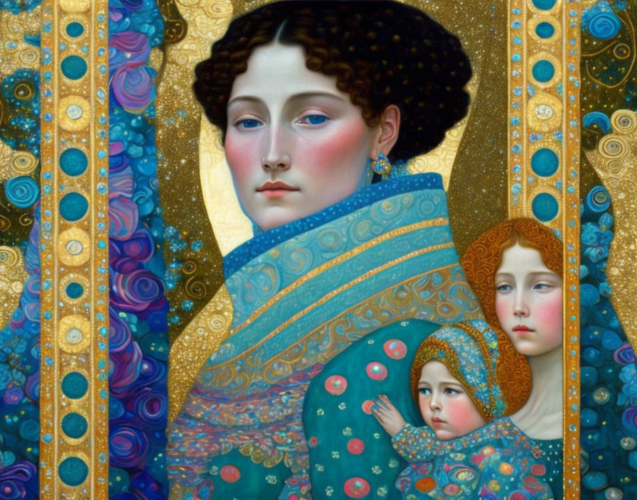 Portrait of woman with curly hair and rosy cheeks holding child in blue and gold cloak against patterned