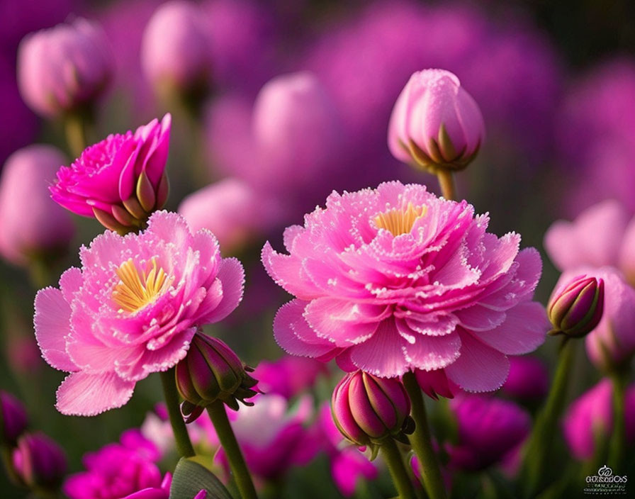 Pink peonies with golden stamens and budding flowers on soft green backdrop