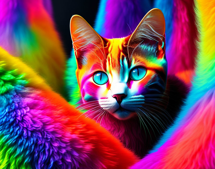 Colorful digital artwork: Cat with multicolored fur on rainbow background