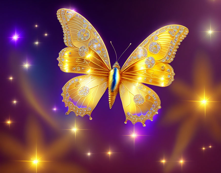 Golden butterfly with intricate patterns on wings on purple background.