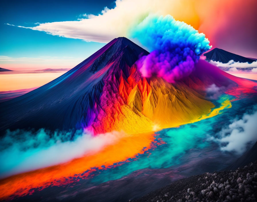 Colorful surreal landscape with erupting rainbow-colored mountain.