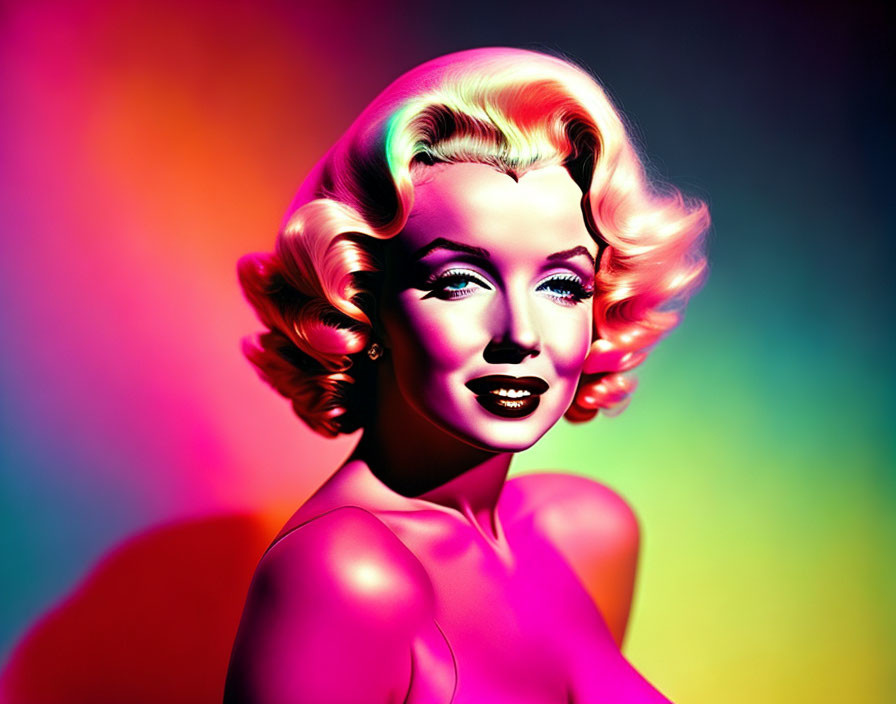 Vintage Hollywood actress portrait with classic curls and vibrant multicolored backdrop