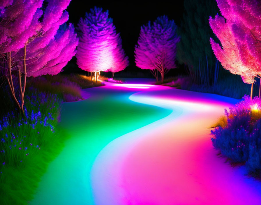 Neon-lit path through illuminated garden at night