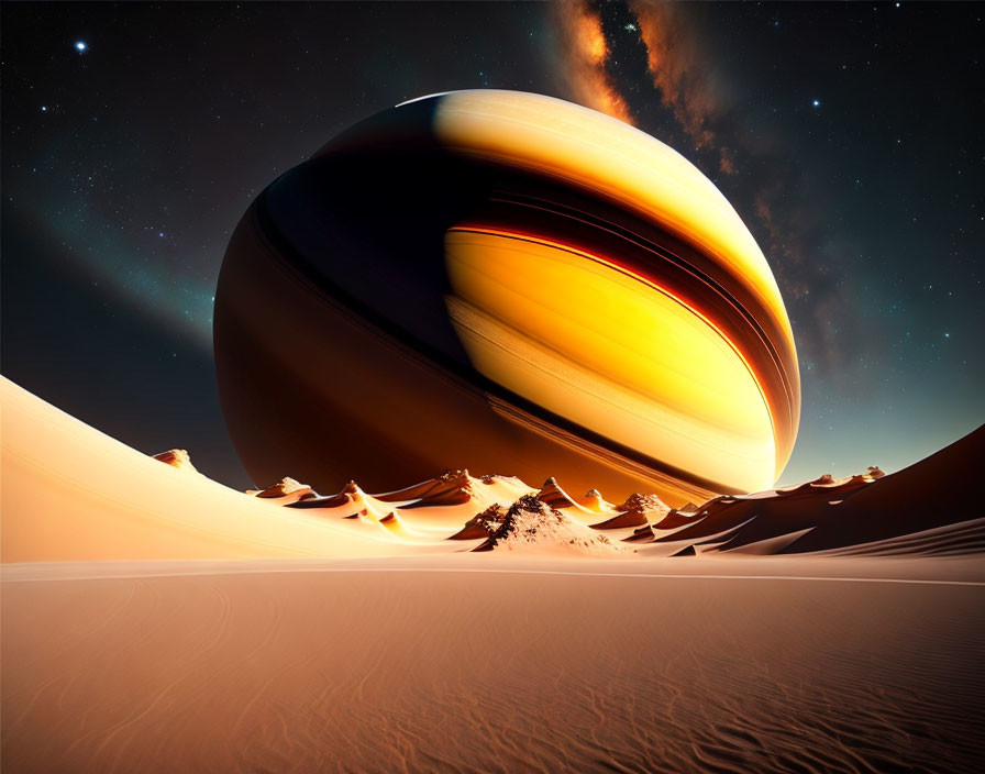 Surreal desert landscape with towering sand dunes and massive hyper-realistic image of Saturn under star