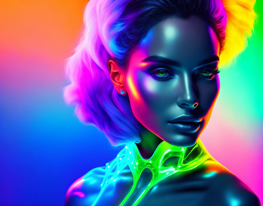 Colorful portrait of woman with neon makeup on vibrant background