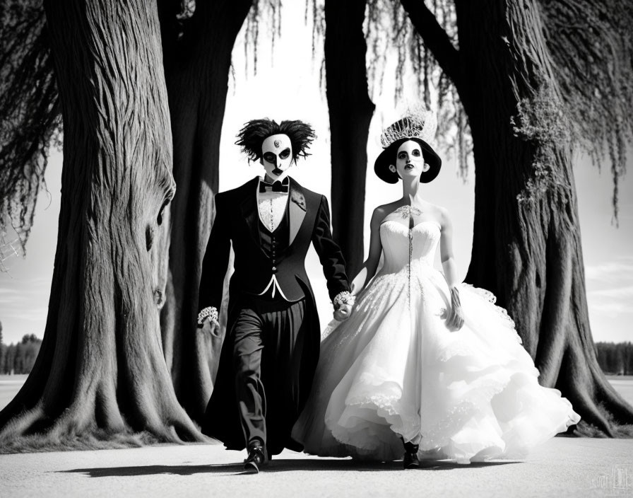 Gothic couple in Edward Scissorhands style under tall bare trees