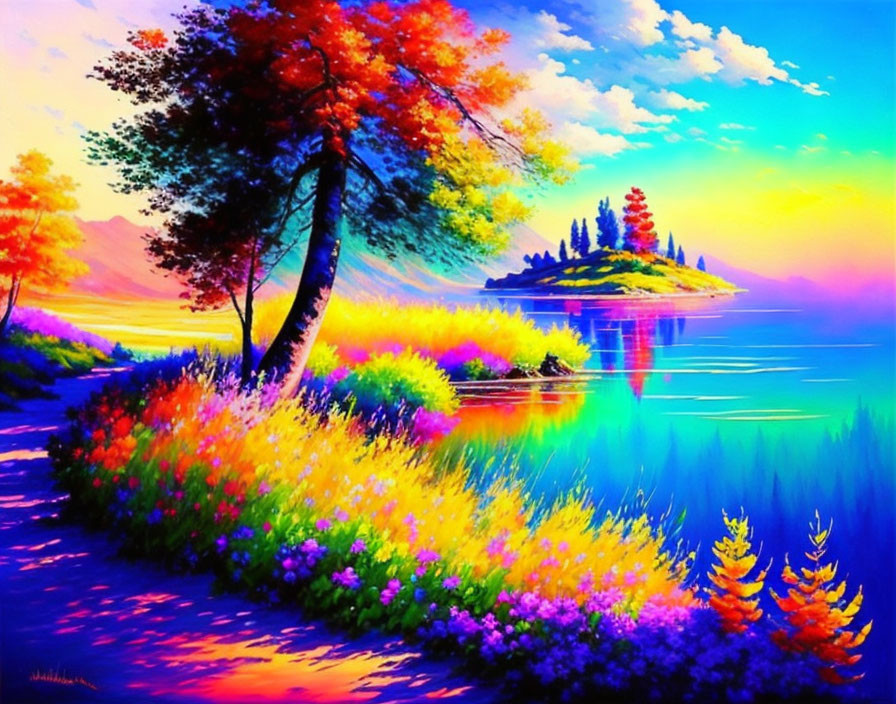 Scenic lake with colorful flora and serene island at sunset