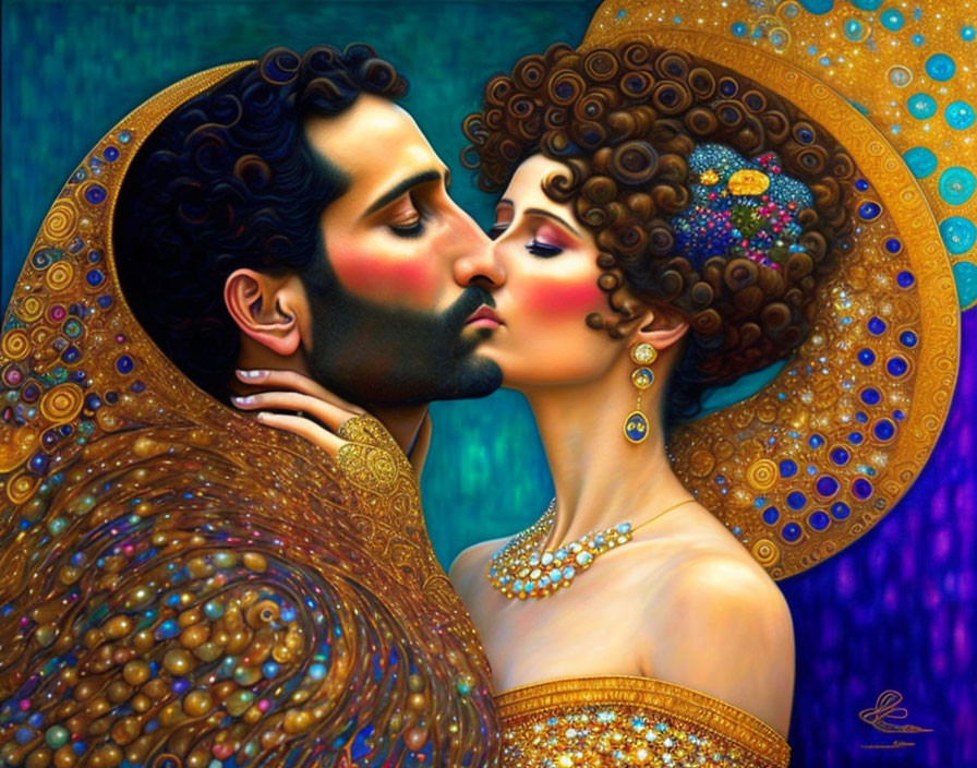 Detailed painting of couple embracing in ornate clothing with blue and gold background.