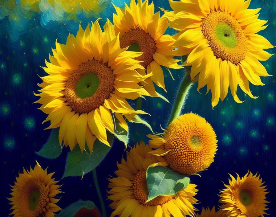 Vibrant Sunflowers Against Luminescent Blue Background