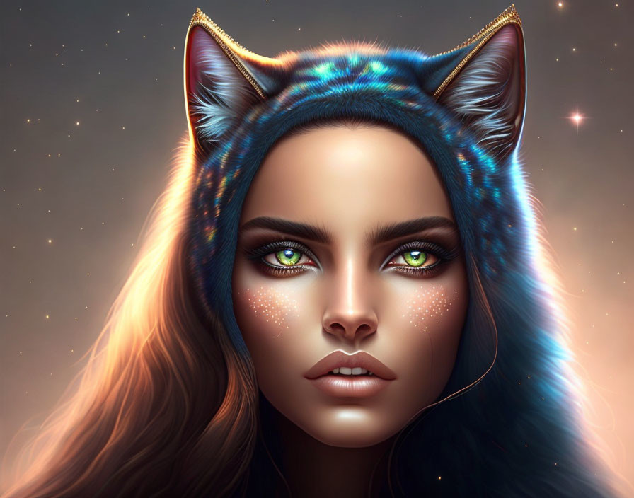 Digital artwork: Woman with blue cosmic cat ears, green eyes, freckles, under starry