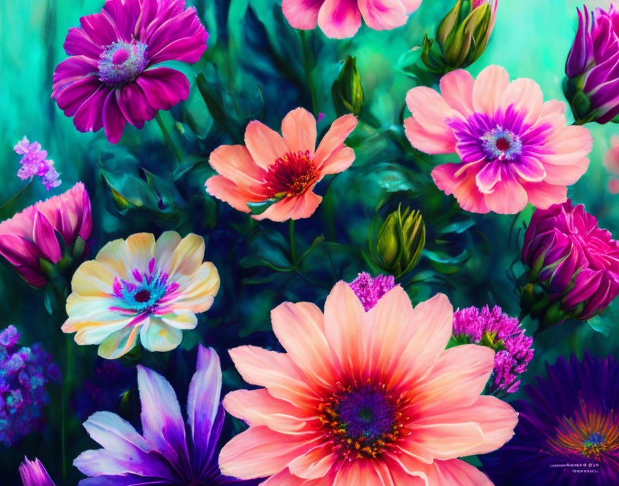 Colorful Floral Painting with Pink, Orange, Purple Blossoms