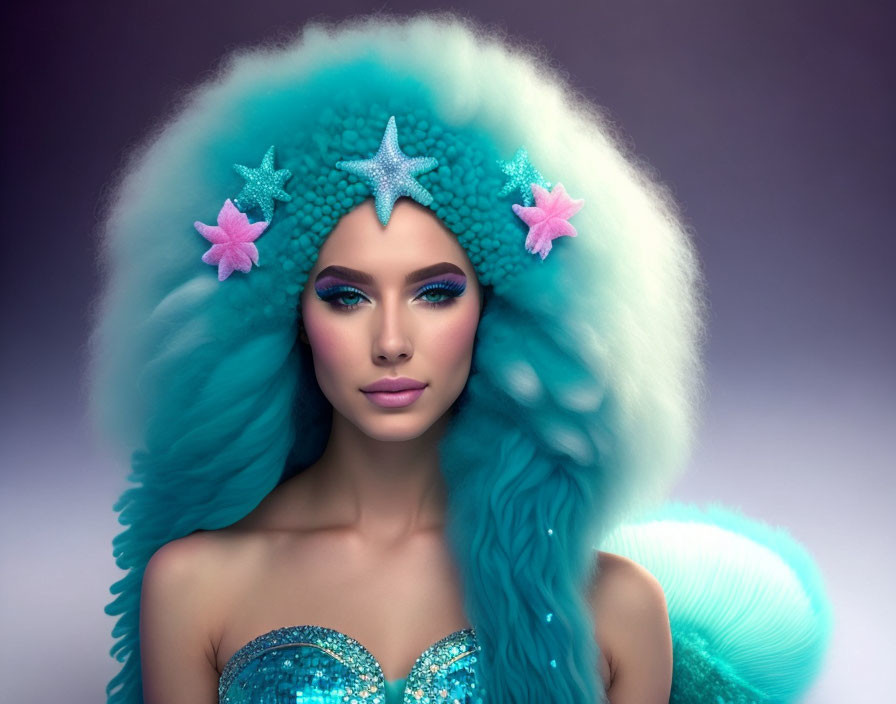 Vibrant Aqua-Colored Hair with Starfish Accessories and Sequin Top on Soft Purple Background