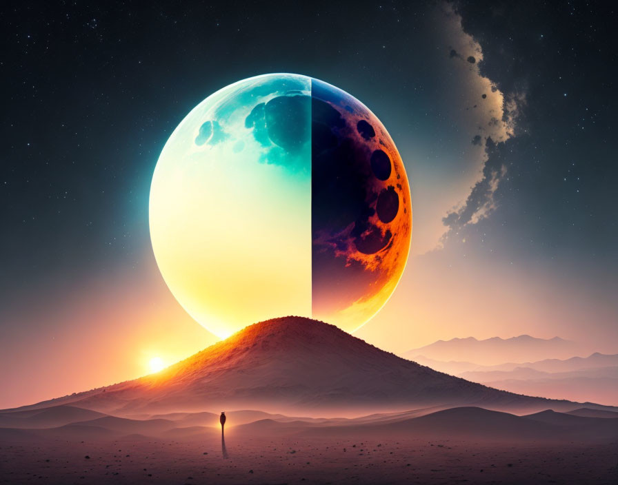 Surreal landscape with divided oversized moon above desert