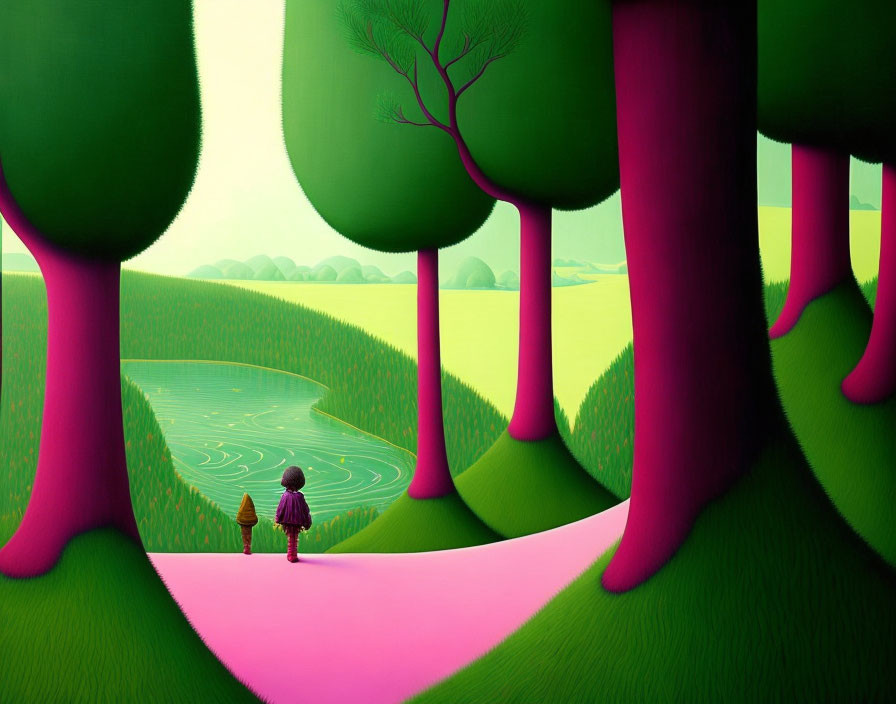 Surreal landscape with oversized pink trees, small figure, dog, vibrant green grass and hills