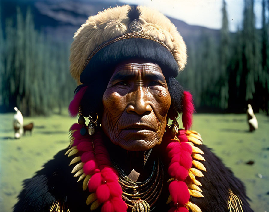 Elderly woman in traditional attire with llamas in background