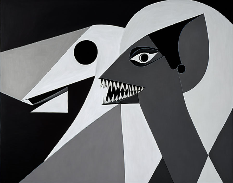 Monochromatic abstract painting: geometric faces with sharp teeth