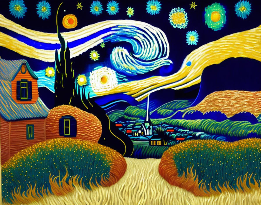 Night Sky Illustration: Crescent Moon, Stars, Sleepy Village & Wheat Fields