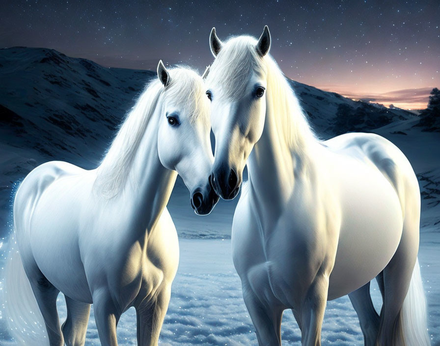 Two White Horses Under Starry Night Sky with Snowy Mountain Landscape