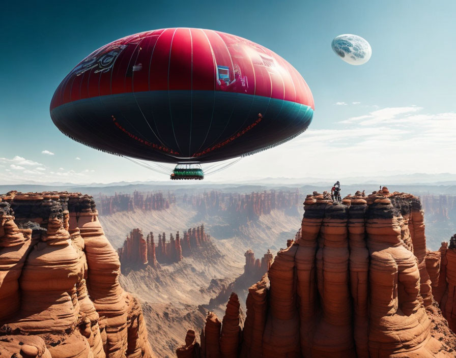 Futuristic airship over desert with moon and observers