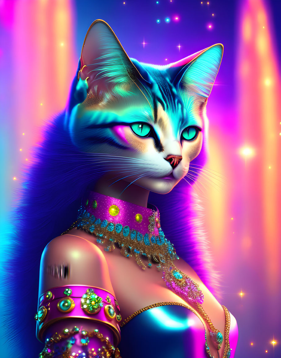 Colorful digital artwork: Stylized humanoid figure with cat head in blue hues, cosmic background