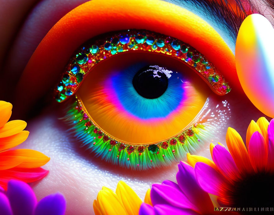 Colorful eye with rainbow iris, orange eyeshadow, rhinestones, and flowers