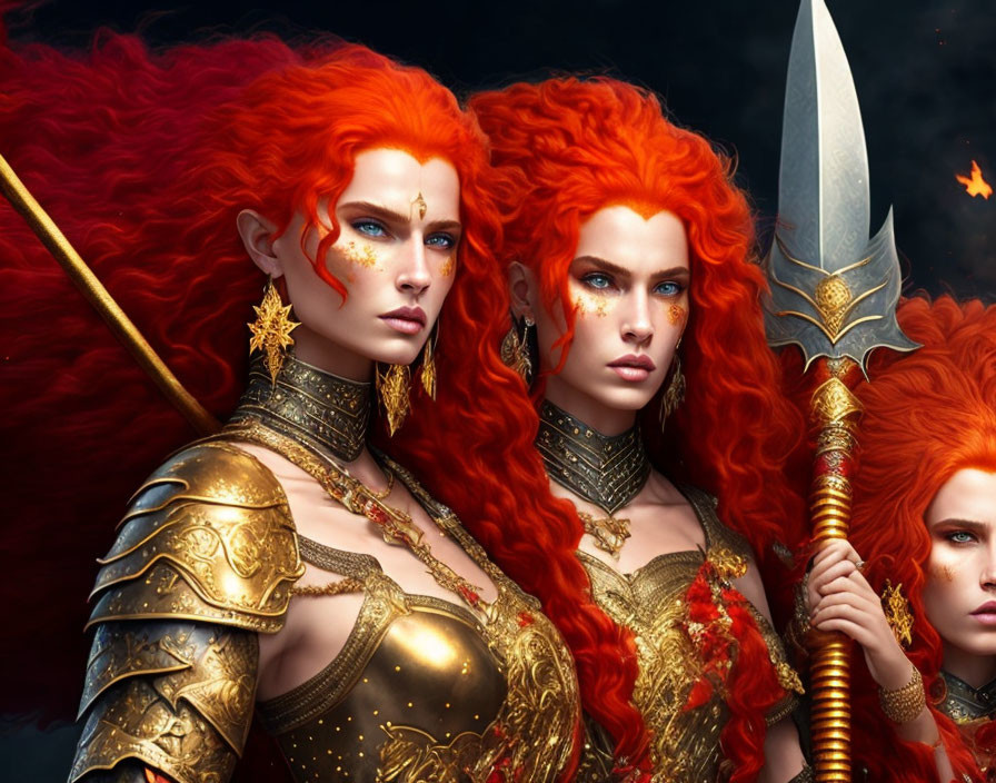 Fiery red-haired women in golden armor in a fantasy setting.