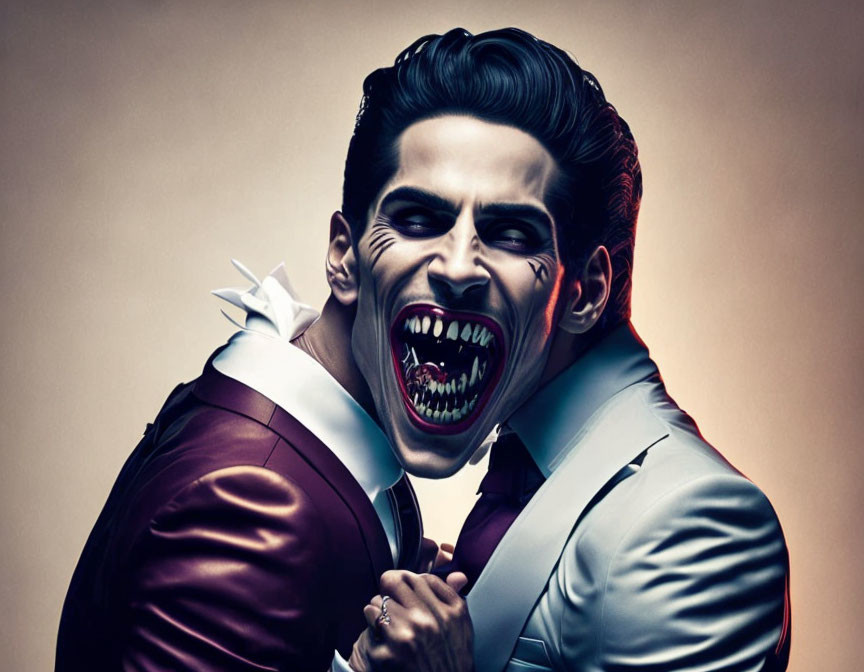 Man in formal suit with bowtie, sporting vampiric smile and sharp teeth.