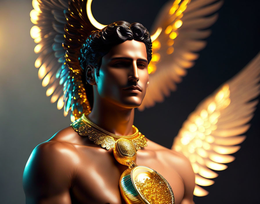 Male digital artwork with angelic golden wings and Greek god-inspired styling.