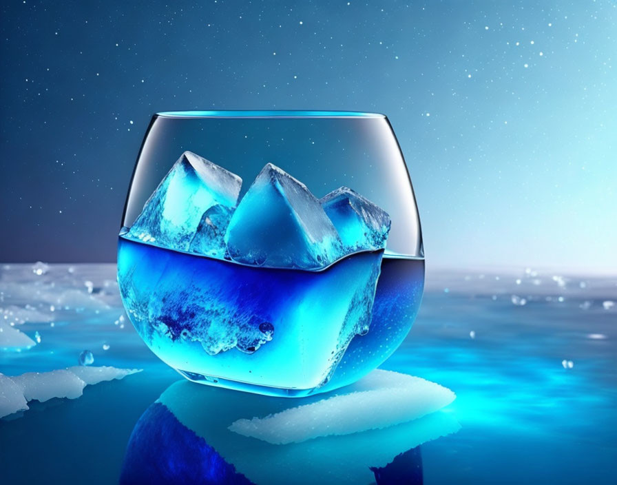 Blue-tinted ice cubes in a round glass on melting ice with serene ocean backdrop