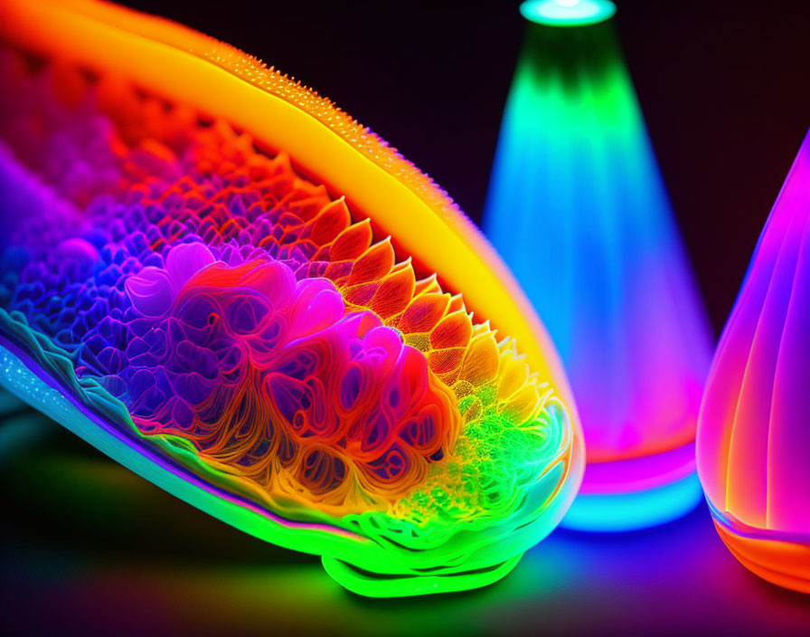 Neon-colored objects with intricate textures under black light