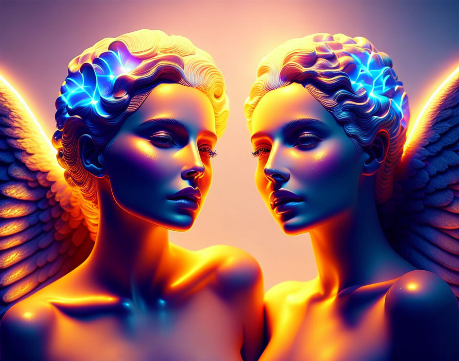 Vibrant winged women sculptures with intricate hairstyles on warm gradient background