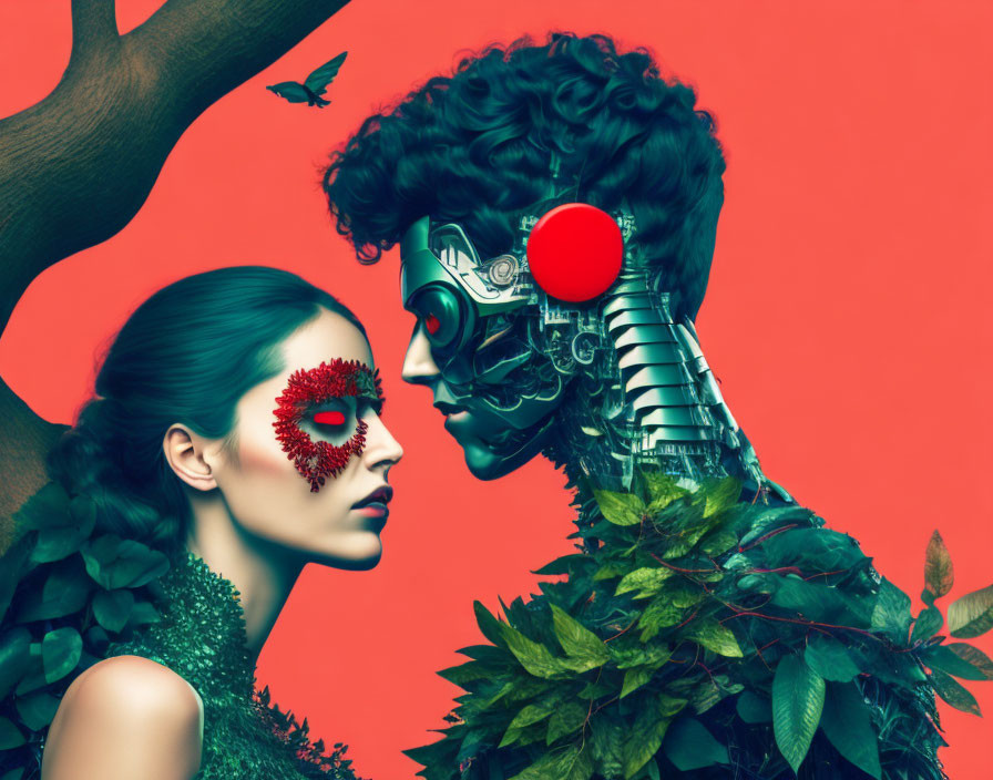 Artistic representation of woman with leaf-like adornments and man with mechanical face parts on red background