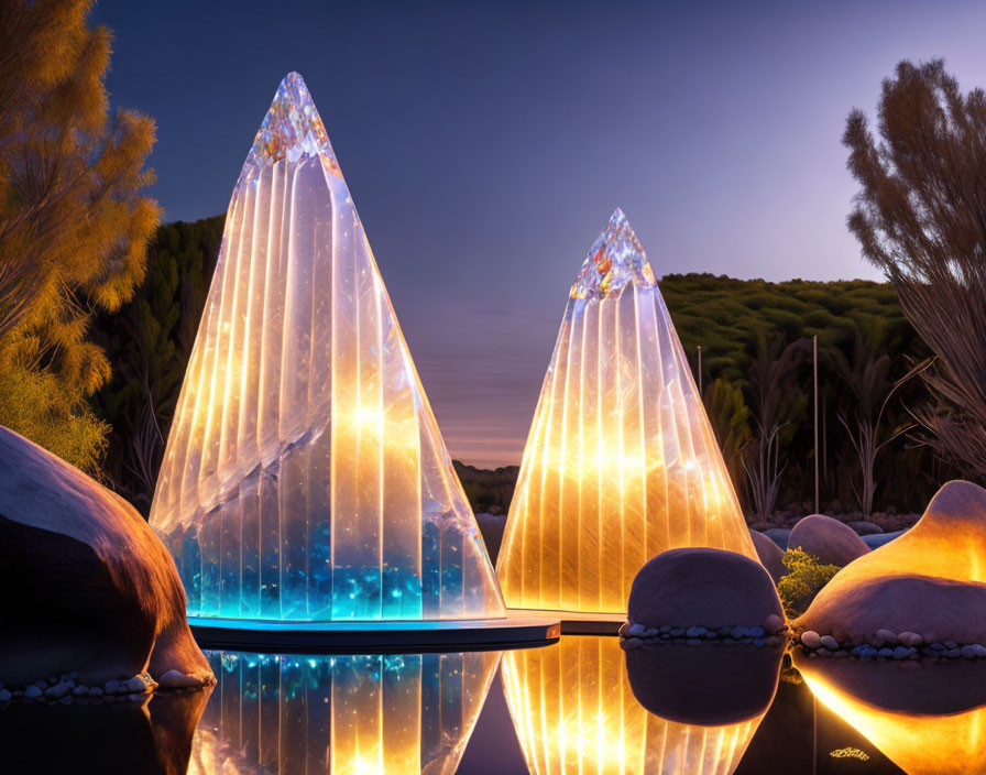 Crystal-like Mountain Sculptures Amid Twilight Sky and Lush Foliage