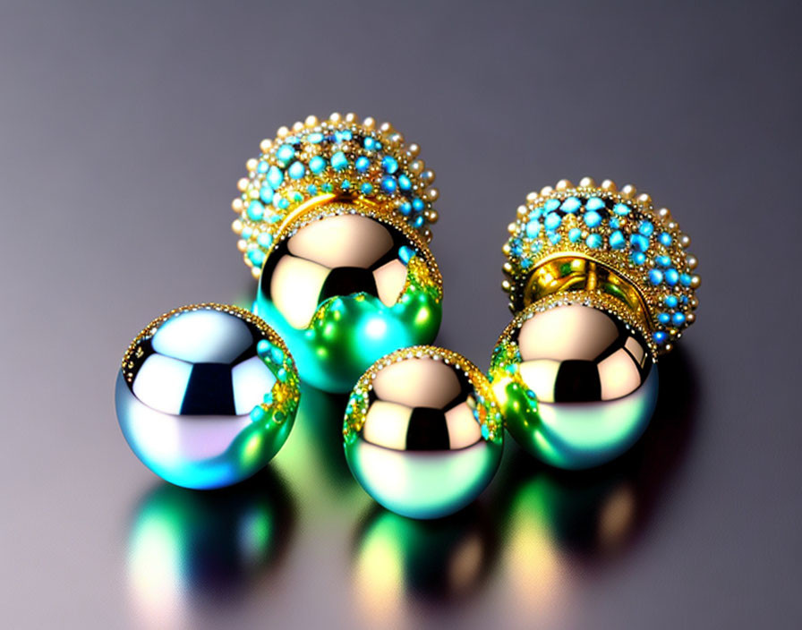 Colorful Reflective Spheres with Beaded Crowns on Grey Surface