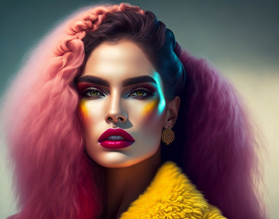 Vibrant multicolored makeup and dyed hair portrait with green eyes and fur garment